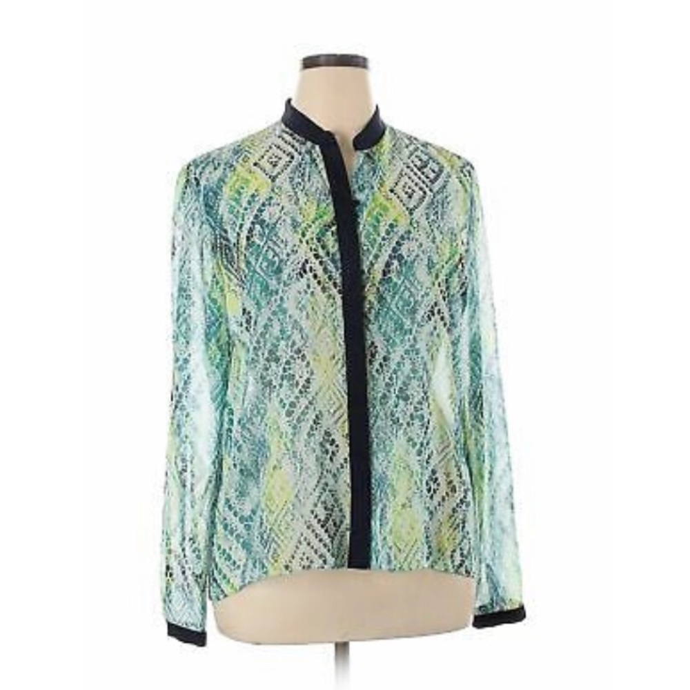 T Tahari Blue print silk blouse